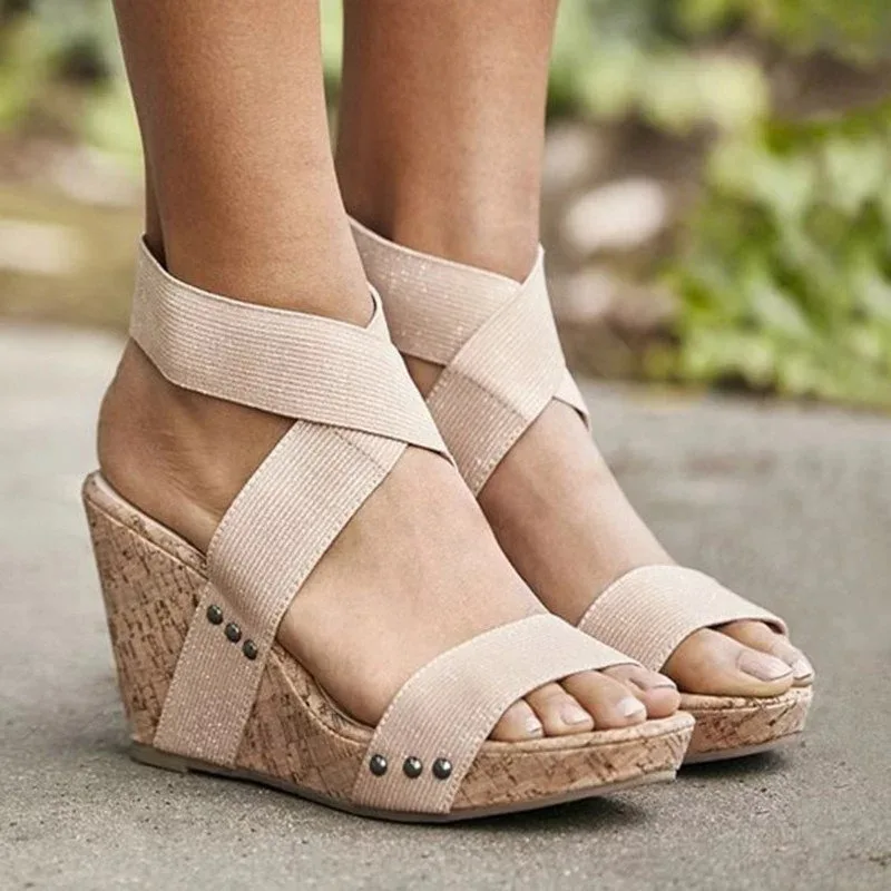 

2019 new fashion simple women's wedge sandals Korean version of the trend of wild cloth face toe word buckle with sandals