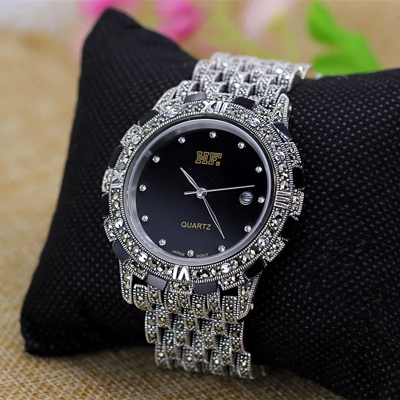 Лидер продаж HF бренд ретро S925 серебро мужские часы из настоящего чистого серебра браслет часы Настоящий Серебряный браслет