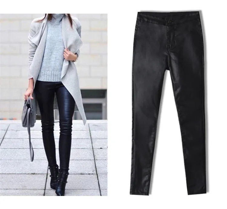 The popular high waist buckles does not have the pocket autumn winter jogger style imitation leather small feet pants big code (9)
