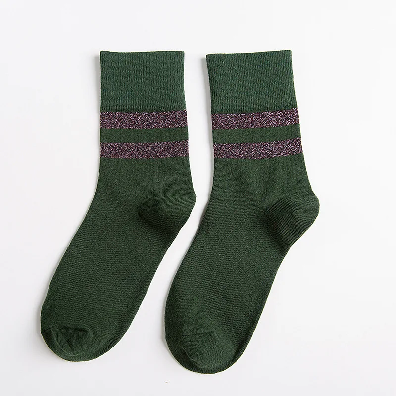Новые модные женские носки, хлопок, 1 пара, шикарные полосатые Осенние повседневные длинные дышащие женские носки для школьниц - Цвет: Зеленый