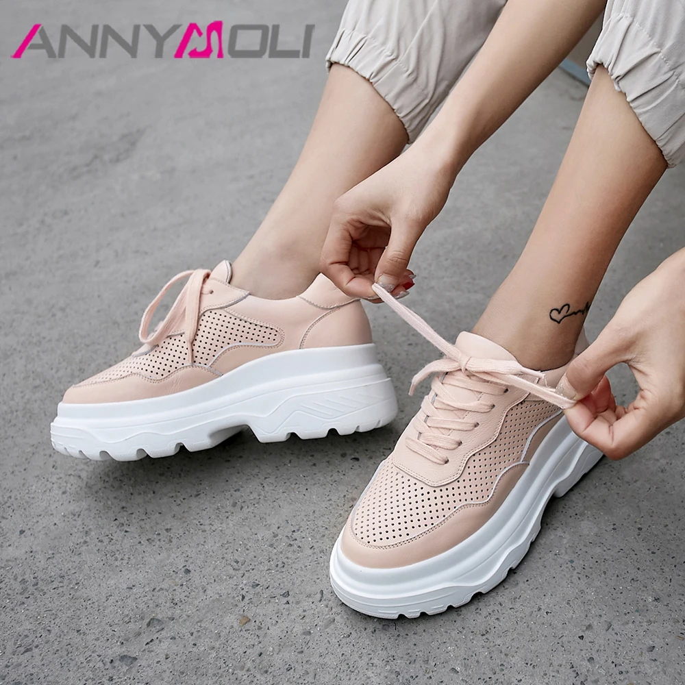 

ANNYMOLI Women Shoes Flats Spring Sneakers Natural Genuine Leather Flat Platform Shoes Cow Leather Lace Up Shoes Lady Size 34-39