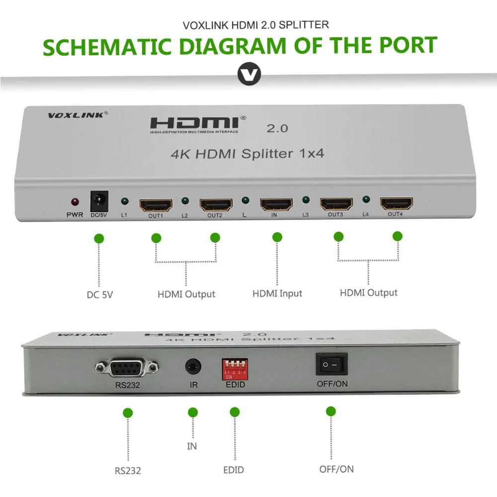 Voxlink Full HD 1x4 HDMI Splitter 4 портовый концентратор повторителя V2.0 3D 1080 P К X 2 Поддержка ИК