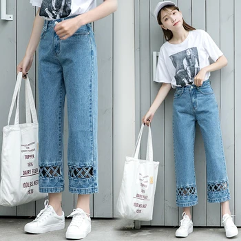 

Hollow Out Pants 2019 Original Ankle-Length Pants Female Fashion Loose Washed soft pants Women Wide Leg Jeans Sweet Student