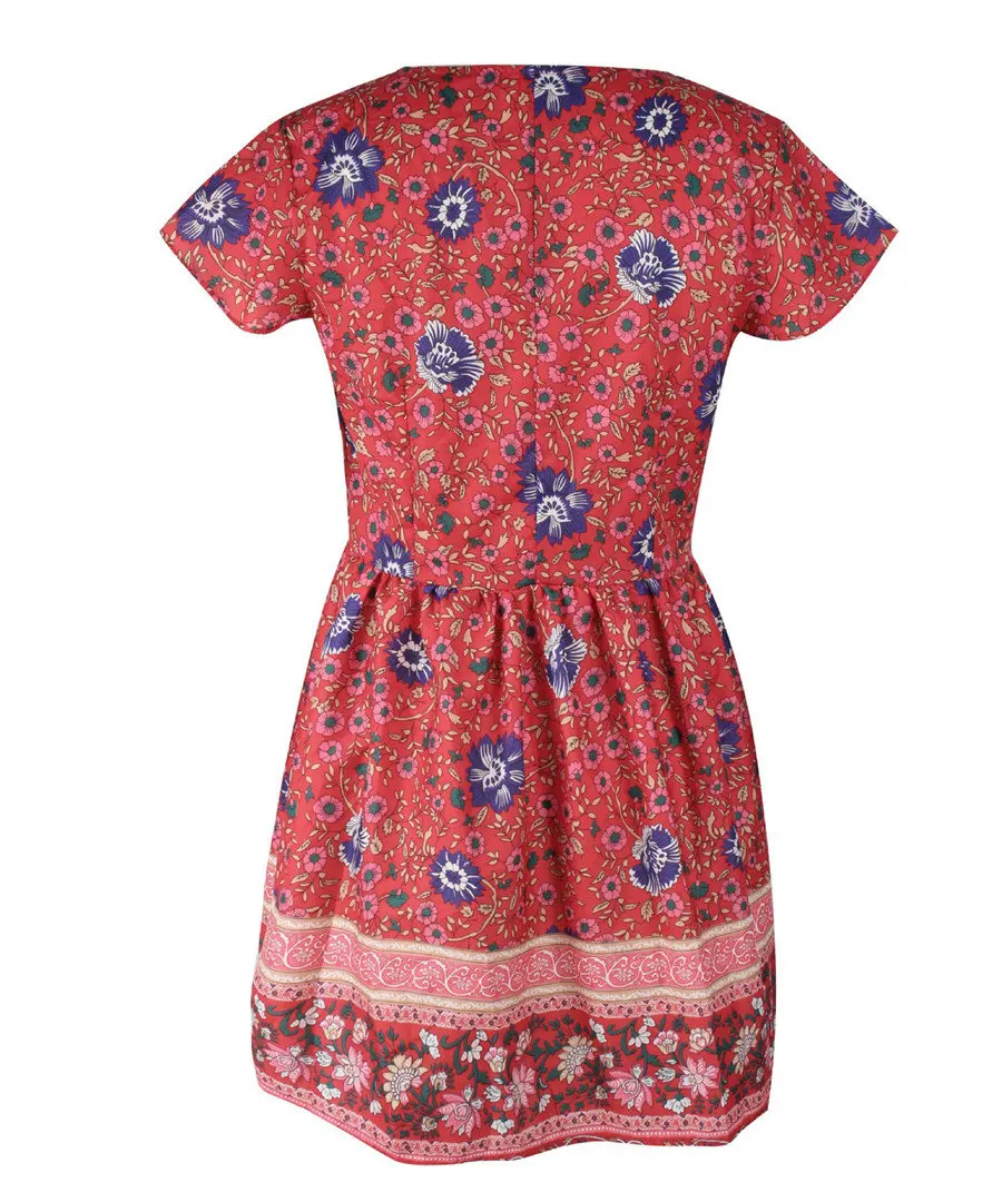 Gladiolus Fashion Summer Women Dress Short Sleeve Button Deep V Neck Sexy Floral Print Mini Boho Dress 2019 Ladies Beach Dresses (38)