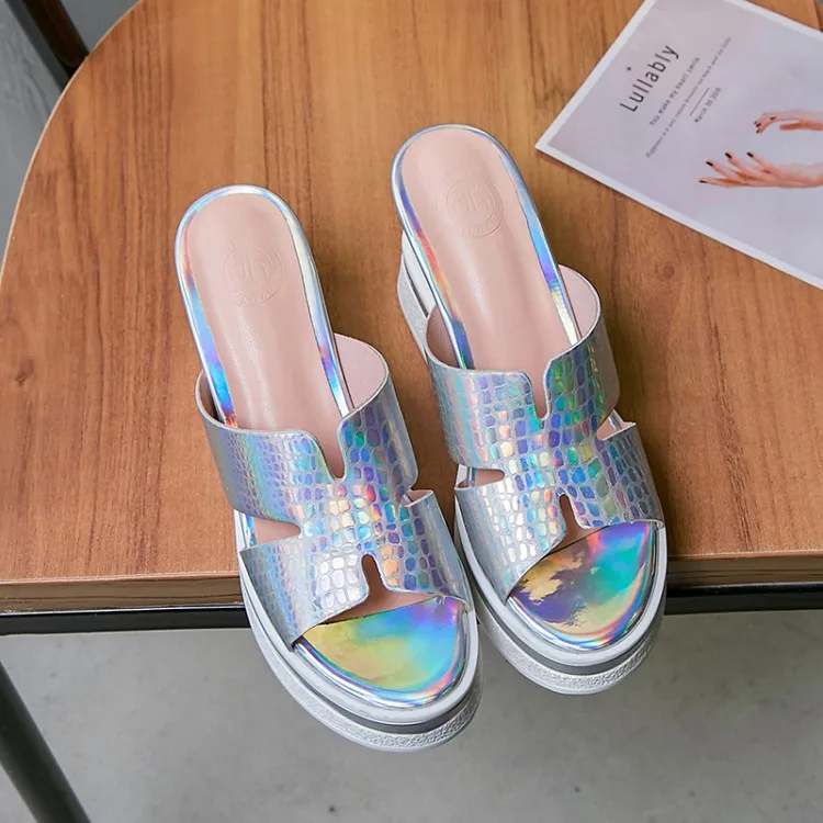 

GPOKHDS 2019 women slippers cow leather silver color summer open toe platform high heels wedges sandals size 34-42
