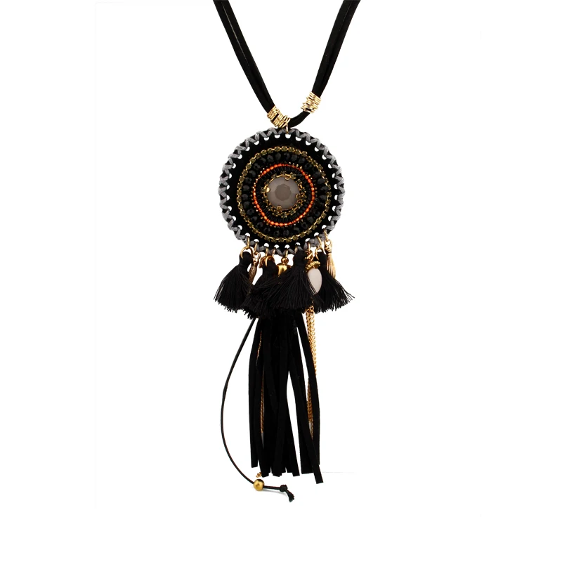 

Dayoff Boho Round Cloth Tassel Circle Rhinestone Pendant Choker Necklace For Women Men Jewelry Leather Rope Chian Necklaces 8