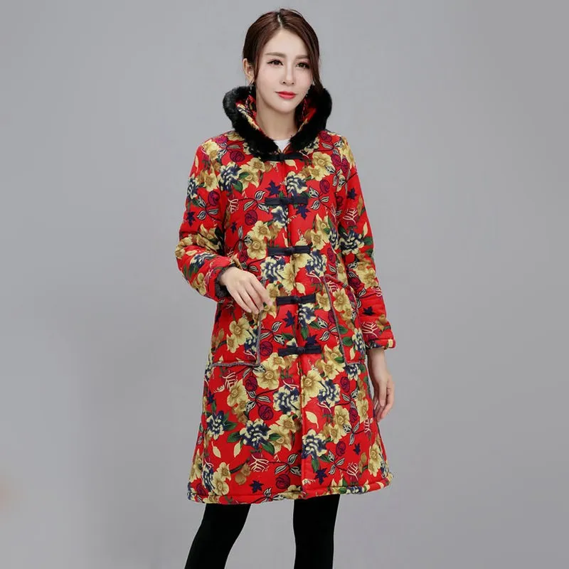 New Arrival Blue And Red Floral Print Coat Women Casual Cotton Thick
