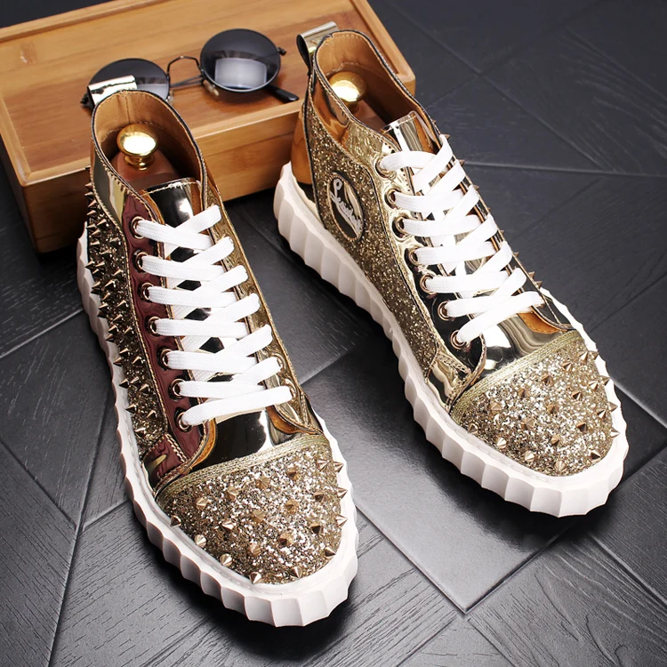 New 2018 men bling rivets flat casual shoes ankle motorcycle riding ...