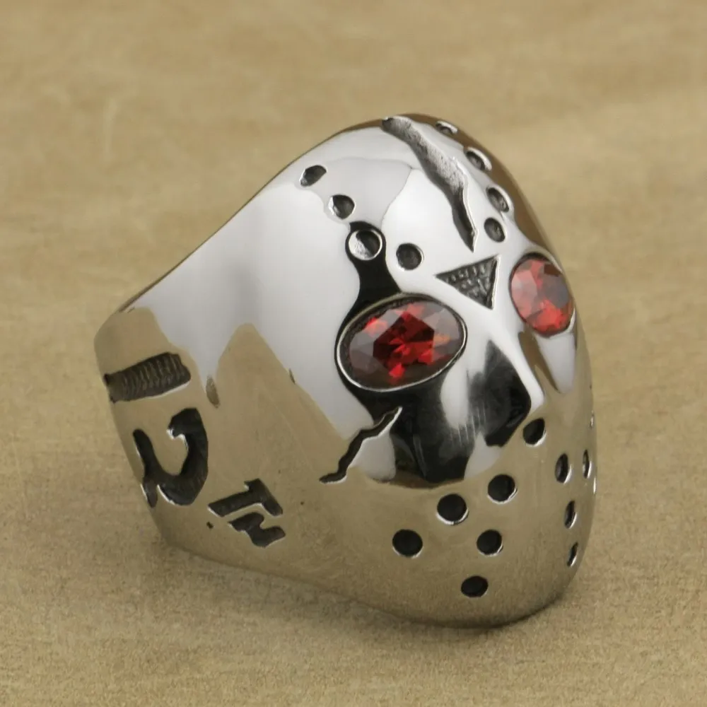316L Нержавеющая сталь Хэллоуин маска Джейсона Хоккей Красный CZ глаза мужские кольца 3F301A
