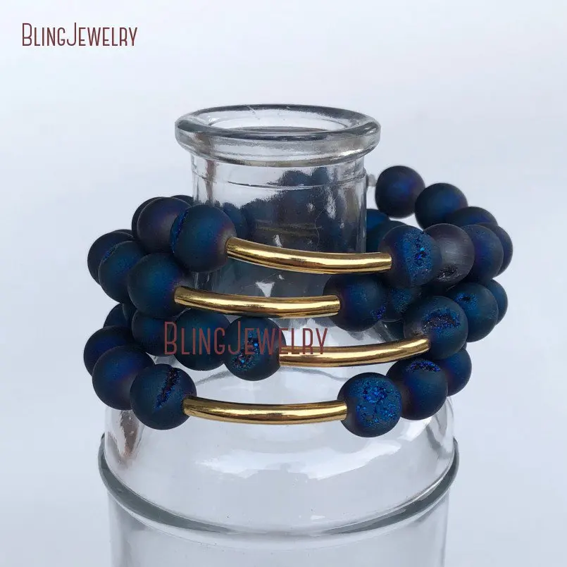 Синий открытый Druzy Drusy Агаты Бисером Золотой бар браслет BM16020
