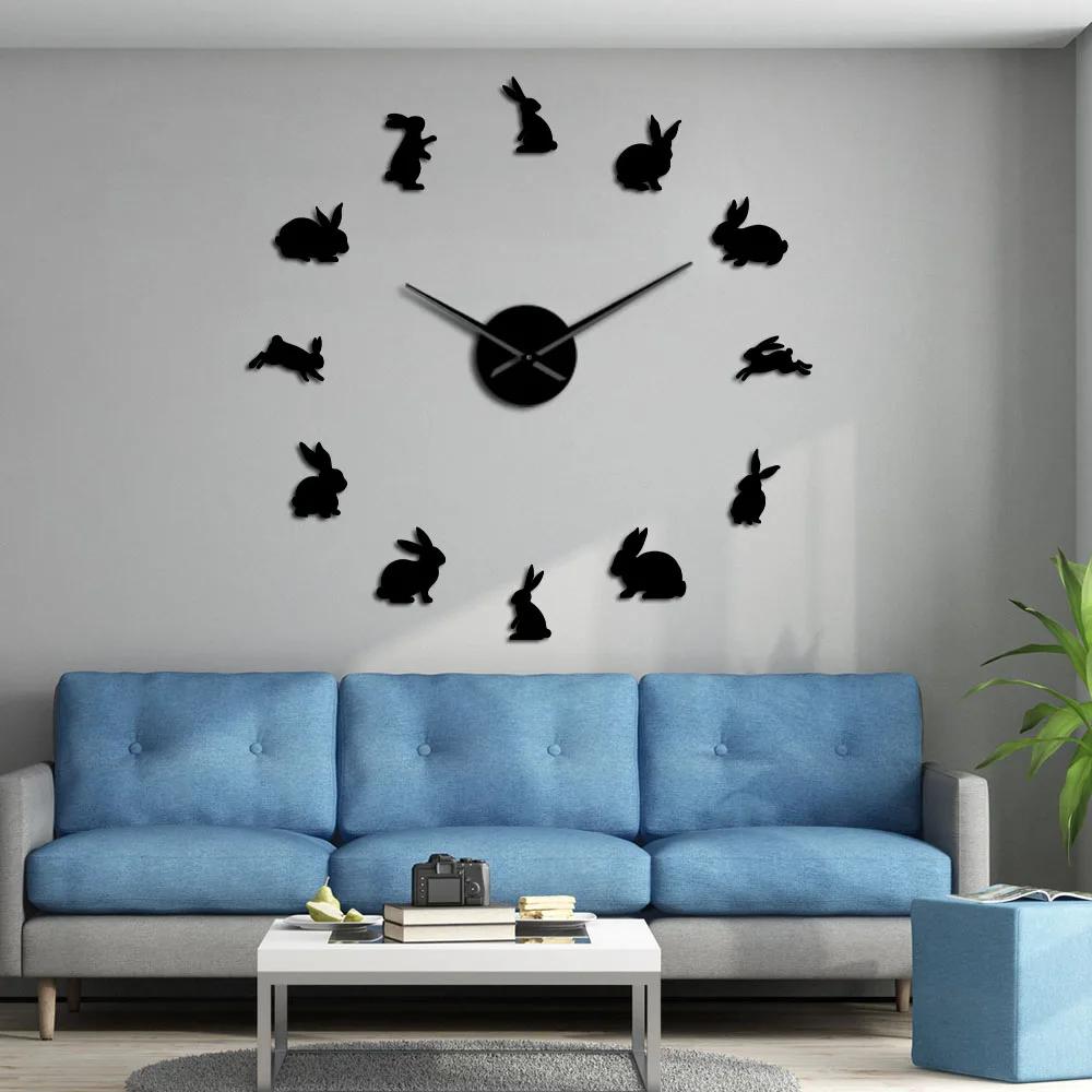 Billige Kaninchen Rahmenlose DIY Große Wanduhr Kindergarten Wand Kunst Spiegel Wand Aufkleber Kinderzimmer Home Decor Wand Uhr Ostern Bunny uhr