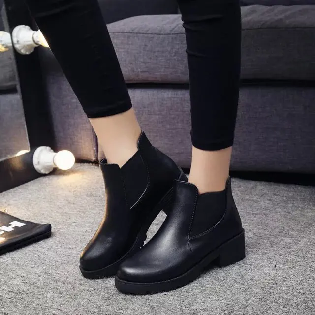 

Spring/Autumn Women Leather Boot Pu Leather Ladies Shoes Round Toe Thick High Heel Ankle Boots Classic Chelsea Booties Feminino