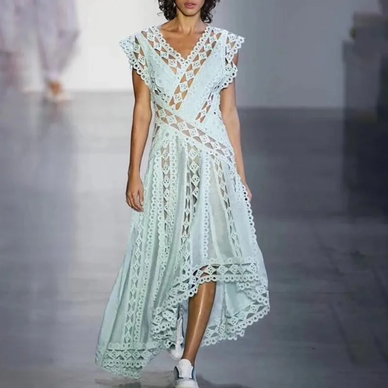 

New diamond hollow nail beads waist irregular sleeveless long dress trend in spring and summer of 2019