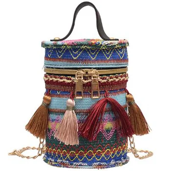 

Women'S Retro Cylindrical Bucket Shoulder Bag Fashion Multi-Functional Simple Style Zipper Woven Color Crossbody Bag
