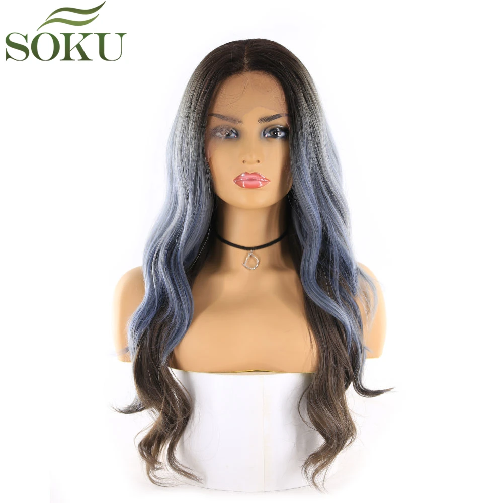 Ombre Синий Серый синтетический кружевной передний парик SOKU свободная часть длинный волнистый кружевной парик 13*4 кружевной передний al Glueless парики для женщин - Цвет: R3454