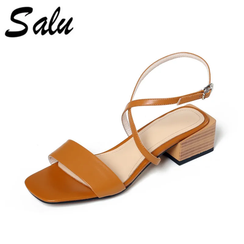 

Salu sandals women 2018 Genuine Full Grain Leather High heels summer shoes for woman Free shipping
