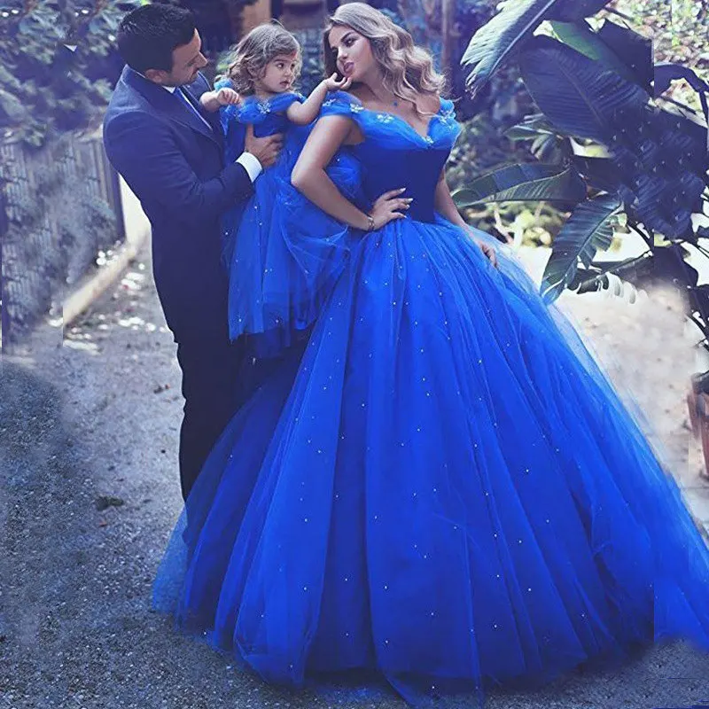 Ярко-синие платья с цветочным узором для девочек, детские вечерние платья без рукавов из пышного тюля с аппликацией, платья для первого причастия