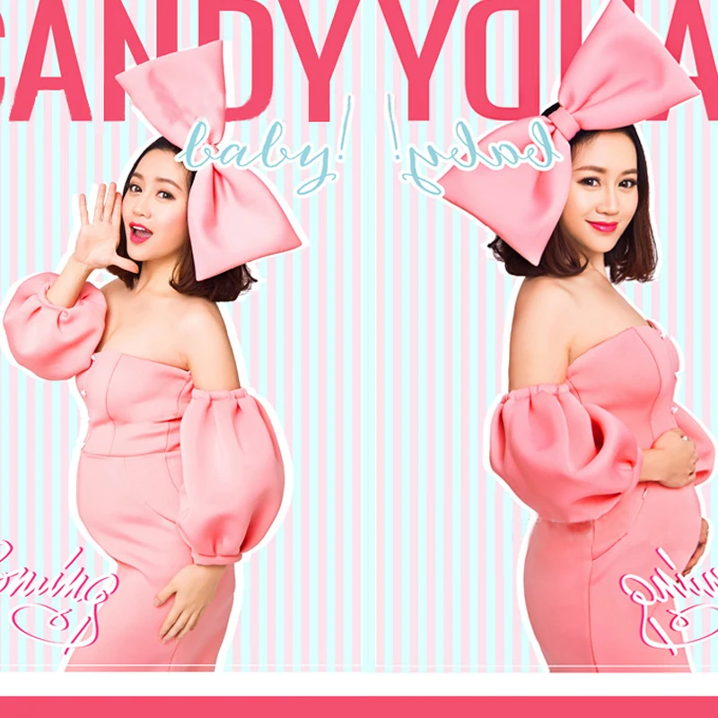 

Knitted Cotton Front Embellished Maternity Photography Props with Pockets Naughty Pink Princess Studio Shooting Pregnancy Dress