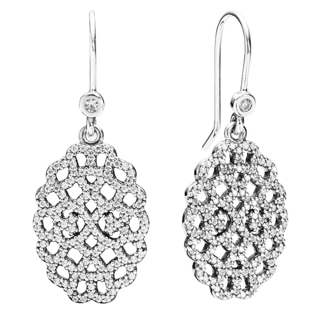 New 925 Sterling Silver Earring Openwork Shimmering Lace With Crystal ...