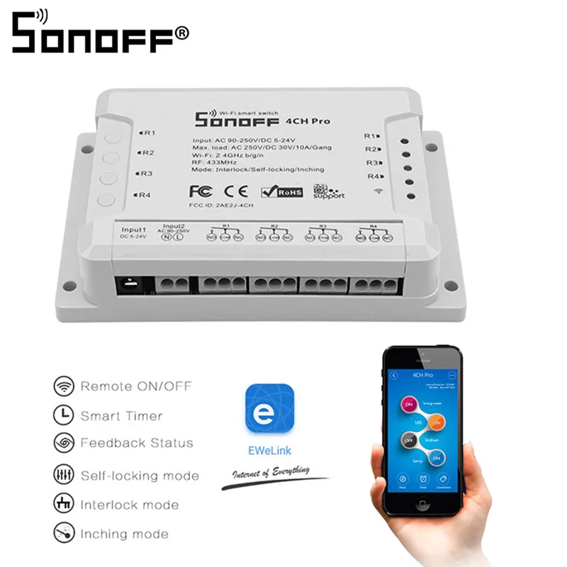 

Sonoff 4ch R2 PRO Smart Switch 4 Channels 433MHz 2.4G Wifi Remote Control Smart automation modules 10A Home Appliances