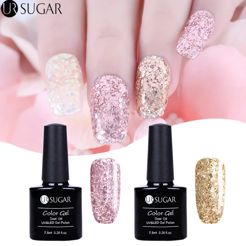 

UR SUGAR 2Pcs Glitter Gel Nail Polish Holographic UV Gel Varnish Rose Gold Sequins 7.5ml Nail Art Varnish Soak Off UV Gel Set