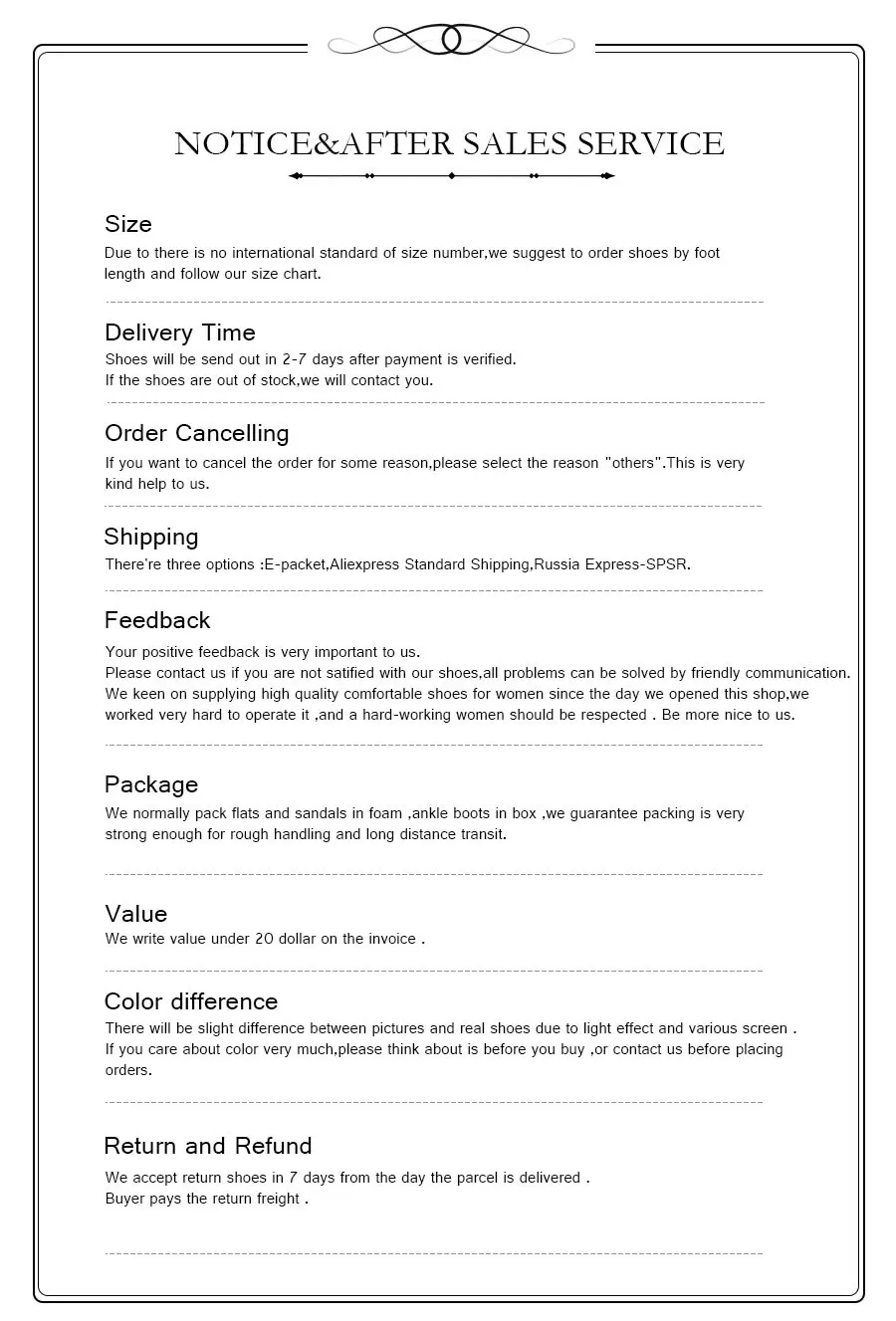Notice&After Sale Service
