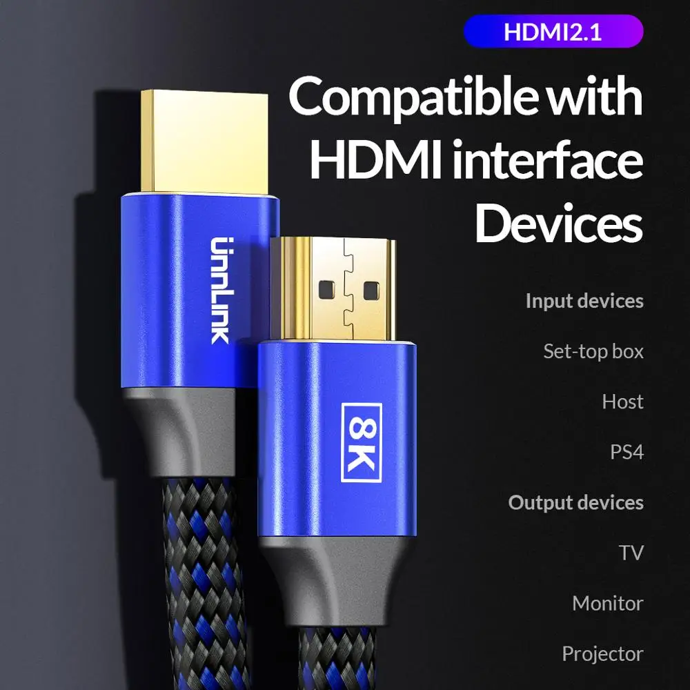 Кабель Unnlink HDMI 2 1 8 м 8K @ 60 Гц 4K 120 2K 144 HDR 48 Гбит/с HDCP2.2 7 для разветвителя PS4 TV xbox