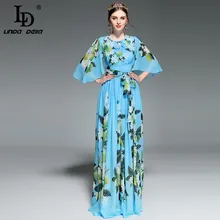 LD LINDA делла подиумное Макси Платье женское с расклешенными рукавами и поясом повседневные богемные Вечерние Длинное платье с лимонным цветочным принтом