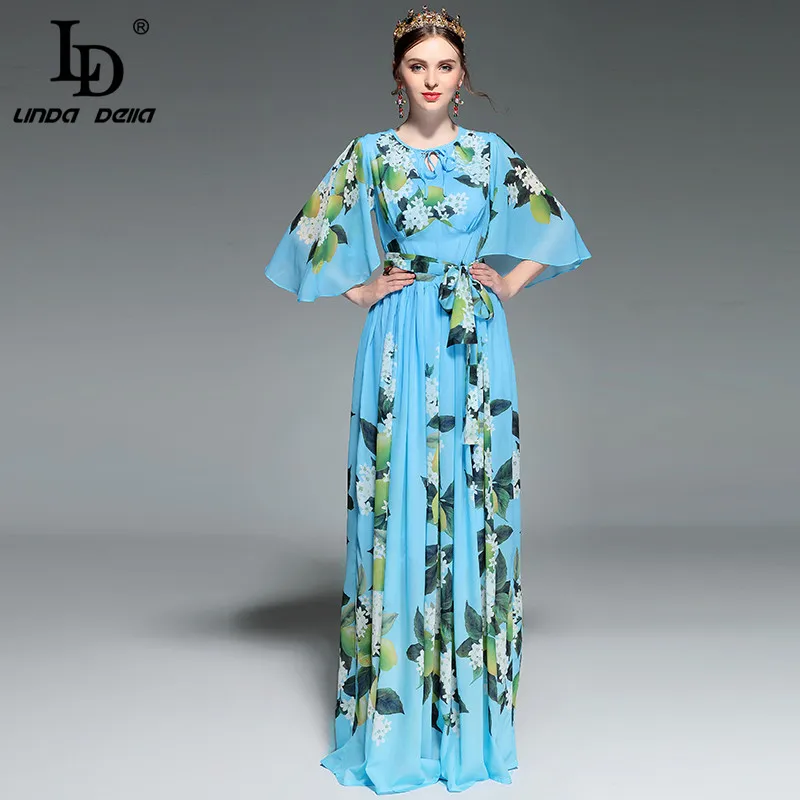 LD LINDA DELLA Runway Maxi Jurk vrouwen Flare mouw Riem Casual Bohemian Party Holiday Citroen Bloemenprint Lange Jurk LD LINDA DELLA Runway Maxi Jurk vrouwen Flare mouw Riem Casual Bohemian Party Holiday Citroen Bloemenprint Lange Jurk