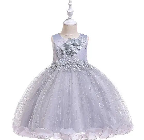 Бальное платье без рукавов с фатиновой юбкой темно-синего цвета платье принцессы с цветочным узором для девочек кружевные платья для первого причастия для маленьких девочек - Цвет: L5101-Grey