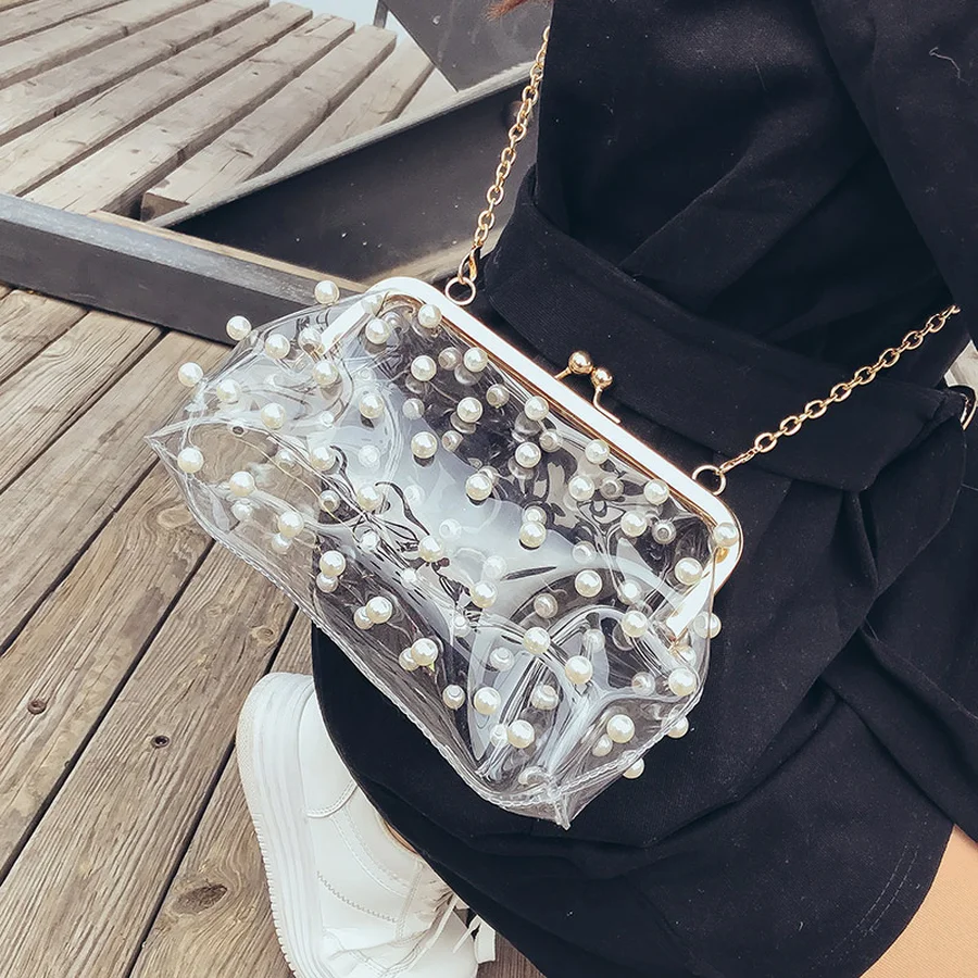 

Pearls Transparent Women's Crossbody Bags Designer Chains Clip Shoulder Bag Clear PVC Party Evening Bag Lady Purse Messenge Bag