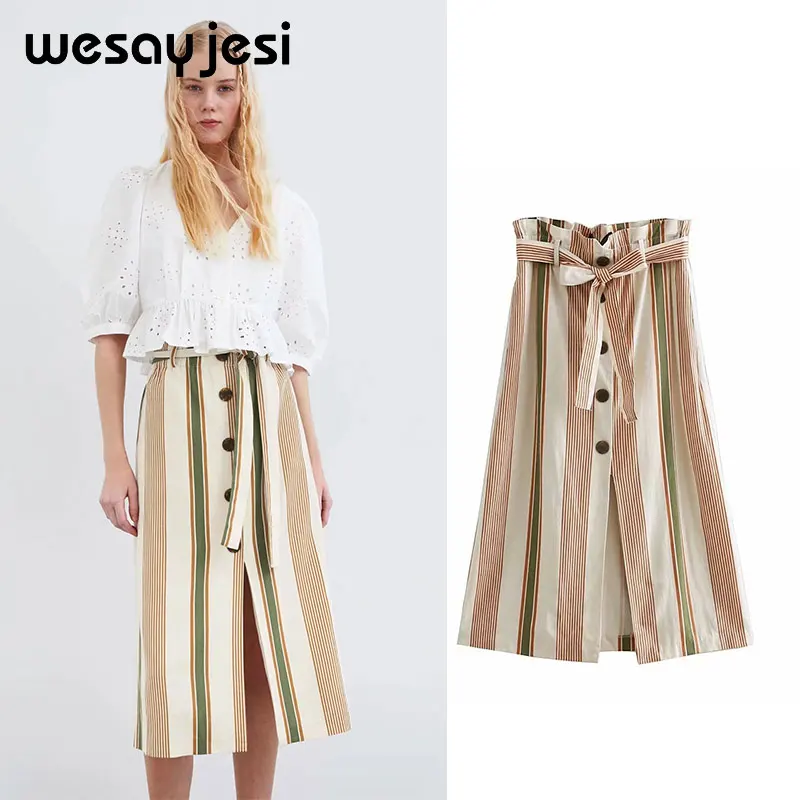 

2019 summer spring skirt women england style striped print sashes mid-calf midi skirts womens plus size party women skirt