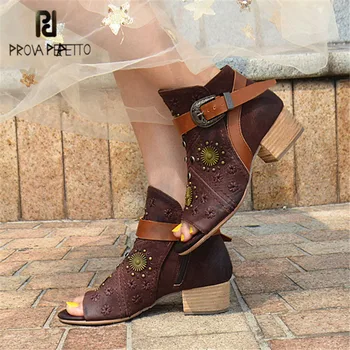 

Prova Perfetto Retro Women Peep Toe Autumn Boots Square Heel Ankle Boots Genuine Leather Rivets Women Pumps Valentine Shoes