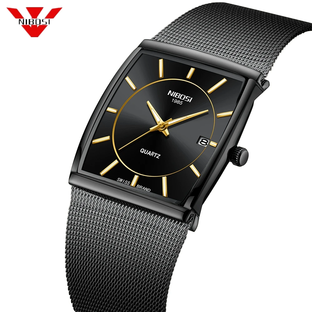 

NIBOSI Brand Original Unique Design Square Men Wristwatch Wide Big Dial Casual Mesh Strap Quartz Watch Men Male Sport Watches
