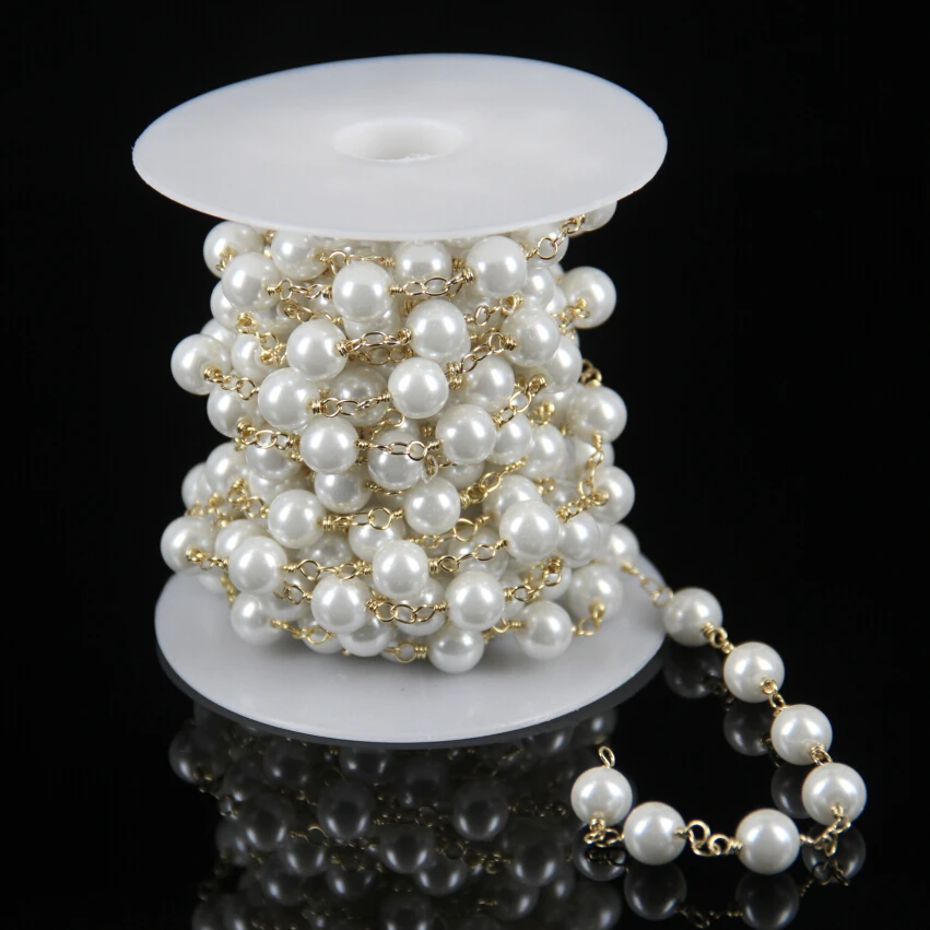 

Luxury Simulated Pearl Glass Plated Gold Wire Wrapped Link Chains,Rosary Style Round Beads Making Necklace Findings Supplies