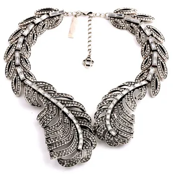 

New Design Feathers Vintage Crystal Big Necklace &Pendant Statement Chunky Metal Fashion Jewelry For Women