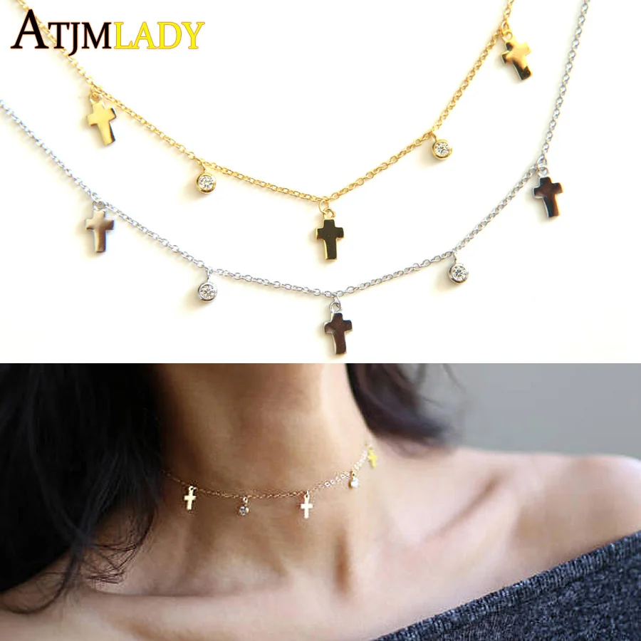 

100% 925 sterling silver 33+7cm extend chain cz drop cross charm Fine silver jewelry chocker choker summer design necklace 2018
