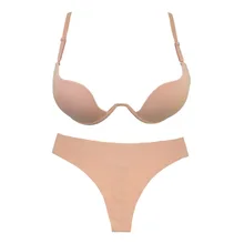 Комплект с бюстгальтером, женское нижнее белье, пуш-ап, бесшовный, Холтер, глубокий u-образный вырез, бюстгальтеры и стринги, бикини, трусики, нижнее белье для женщин, бежевый, черный, белый