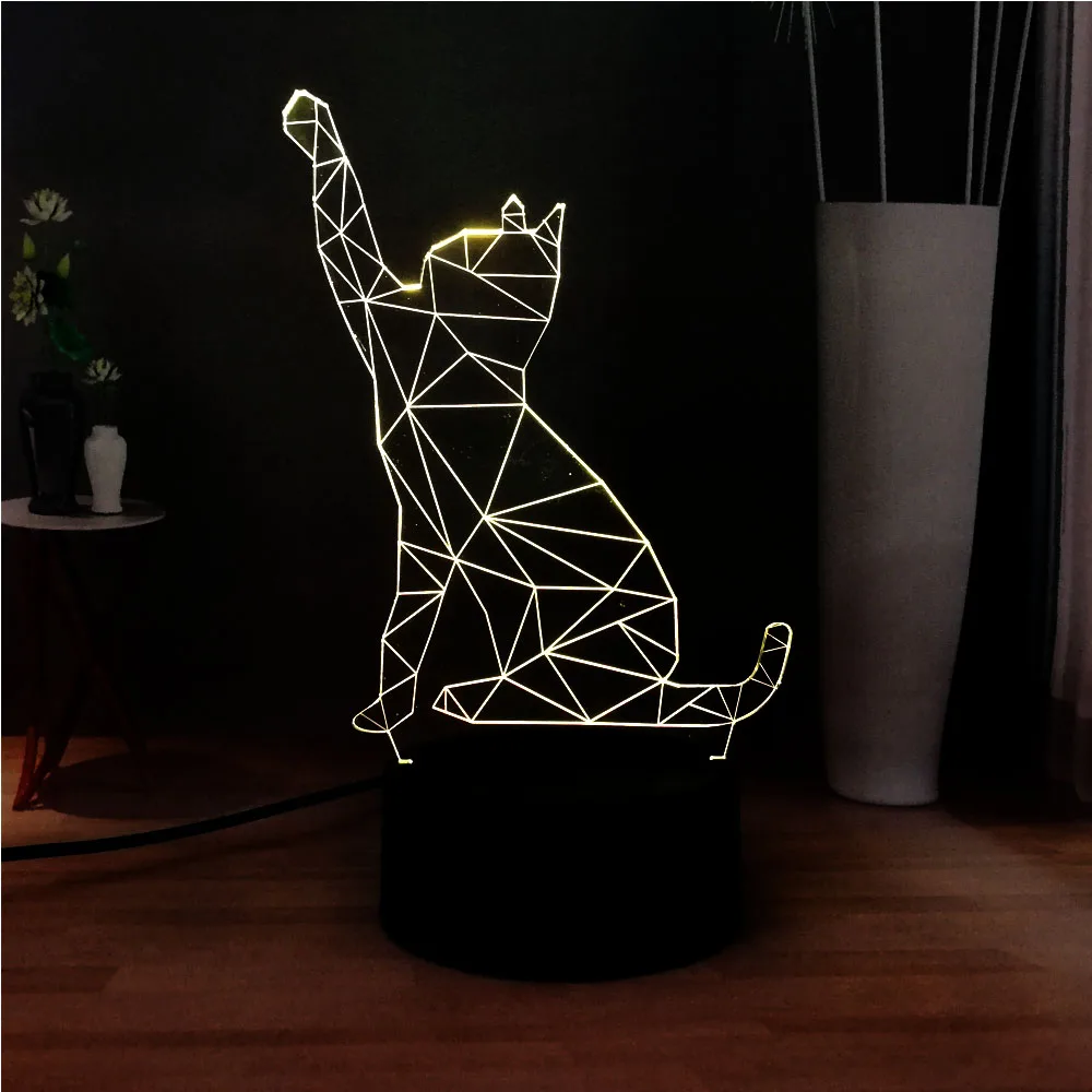 3D Cute Lampara Raise Hand Cat 7 Color Change Acrylic Panel LED Illusion DEC Room PCS Base Night Table Lamp Holiday Kids Present | Лампы и