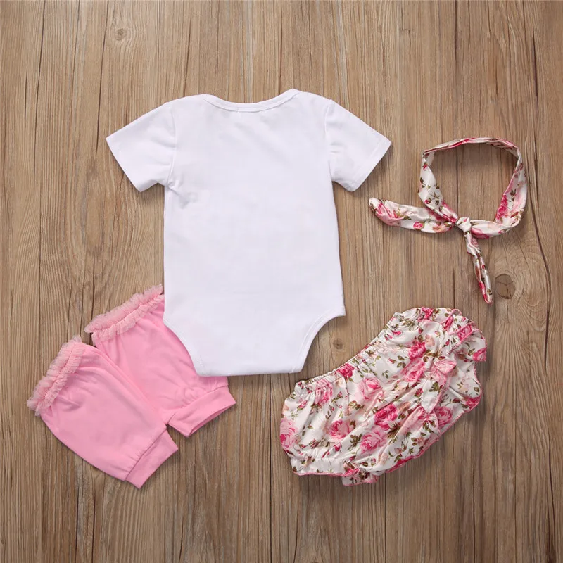 Cute Toddler Infant Baby Girl Clothing Set Letter Bodysuit Tops Floral Ruffle Shorts Leg Warmer Handband Prince Daddy Outfits