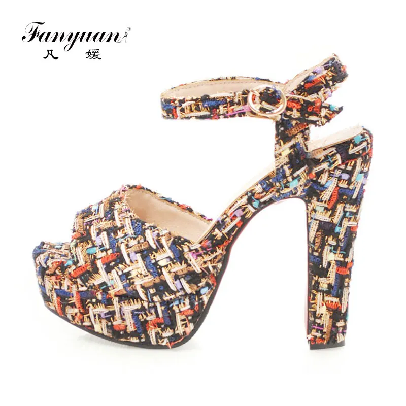 

Fanyuan High Fashion Summer women Plaid Ankle Strappy Heels Sandals Peep Toe Platform Shoes Ladies Party Wedding Shoes