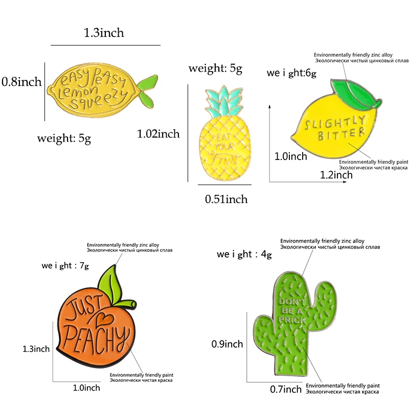 Лимонный персик ананас кактус Эмаль Булавка завод значки с фруктами нагрудный знак брошь джинсовая рубашка мешок мультфильм ювелирные изделия подарок для детей