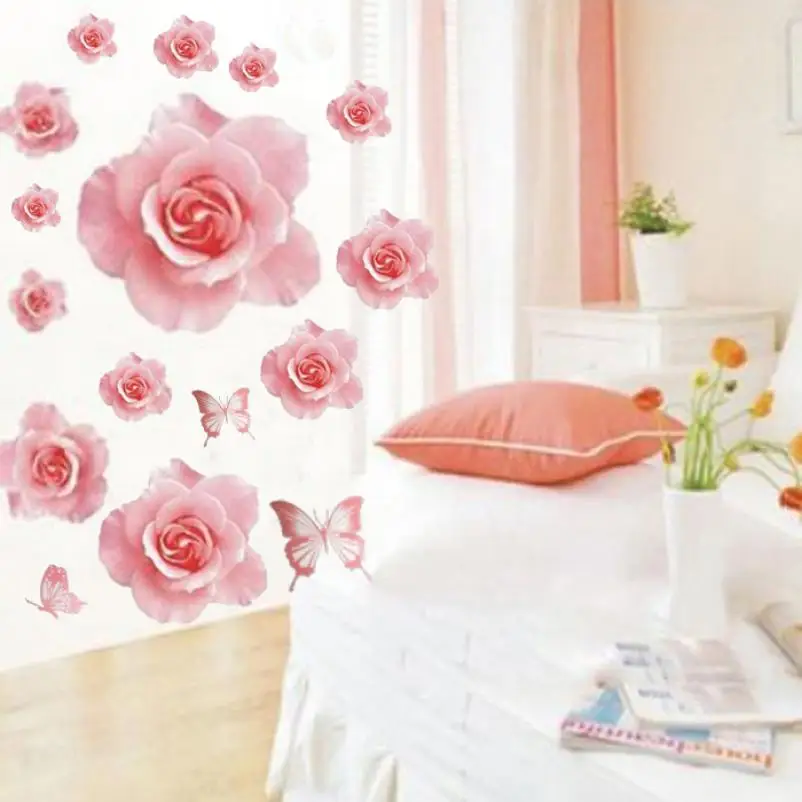 

Wall Sticker Fashion Wall Sticker 3D Pink Rose Flower Removable Home Decor Decal Vinyl 4.27