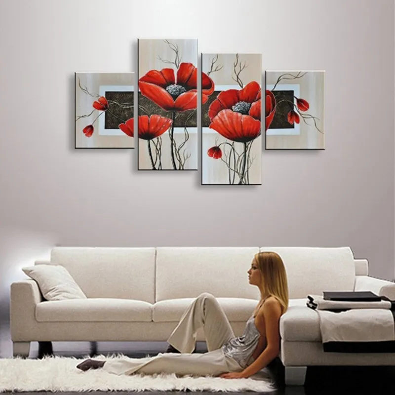 

4 Panel Pictures Handpainted Acrylic Floral Paintings Abstract Red Flower Oil Painting On Canvas Handmade Modern Home Wall Art