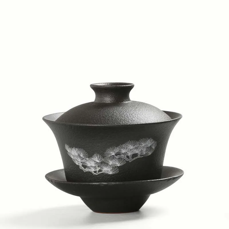 200 мл винтажный ручной работы японский черный керамический сосна гайвань чайный набор кунг-фу чайный горшок чайник чайная чашка кружка посуда для напитков - Цвет: E
