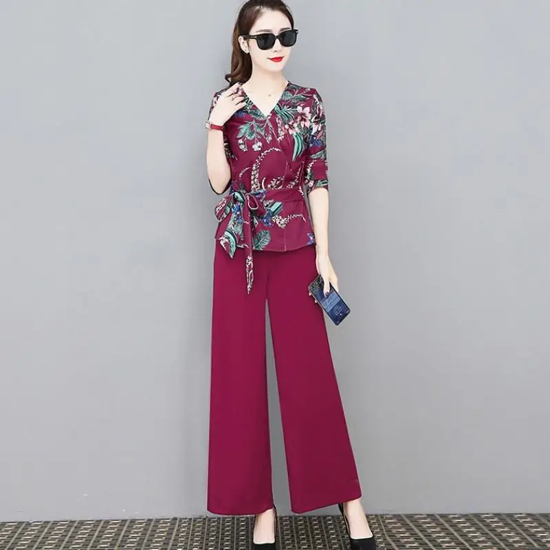 

2019 New Spring Women OL Suits Female Floral Print Blouse + Wide Leg Pants Sets with Sashes Ladies Slim Plus Size 3XL 2PCs F19
