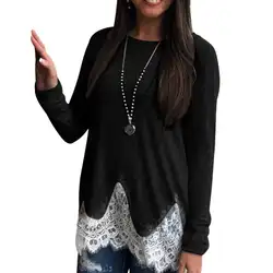Женская с длинным рукавом сращивания кружево пуловер круглым вырезом над Размеры s АСИММЕТРИЧНЫМ ПОДОЛОМ плюс размеры футболки для женщи