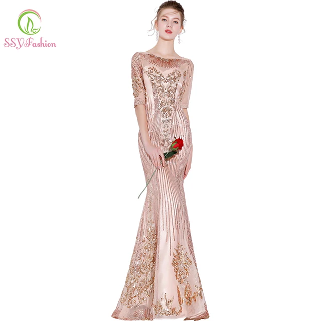 Ssyfashion New Mermaid Prom Dress Half Sleeved Floor Length Ssyfashion New Mermaid Prom Dress Half Sleeved Floor Length Liques Champagne Pink Evening Party Formal