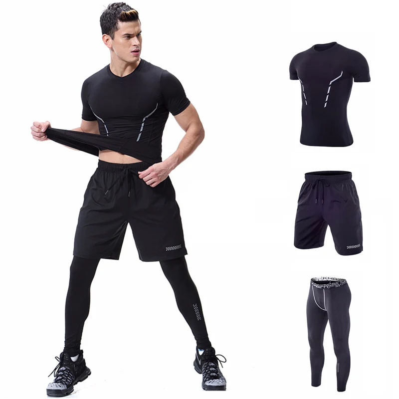

3 Piece Jogging Suits Running Compression Shirt Pant Bodybuilding Sports Wear For Men Gym Workout Clothes Tracksuit Short Sleeve