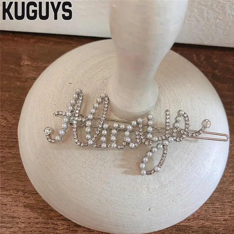 

KUGUYS Cute Pearls Crystals Letter Hair Pin Barrettes for Women Fashion Jewelry BlingBling Hair Clips Hairwear Party Accessories